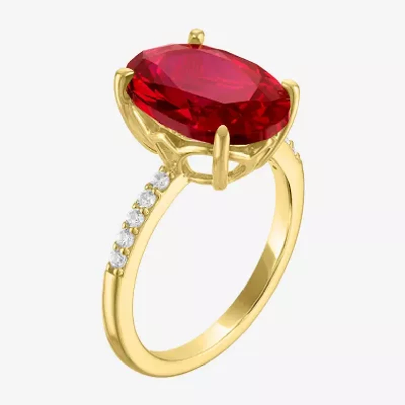 Womens Lab Created Red Ruby 14K Gold Over Silver Oval Side Stone Cocktail Ring