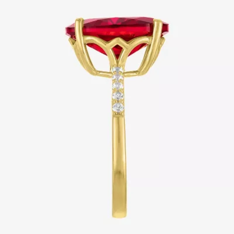 Womens Lab Created Red Ruby 14K Gold Over Silver Oval Side Stone Cocktail Ring