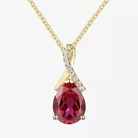 Womens Lab Created Red Ruby 14K Gold Over Silver Pear Inch Pendant Necklace