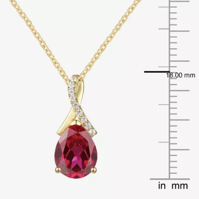 Womens Lab Created Red Ruby 14K Gold Over Silver Pear Inch Pendant Necklace