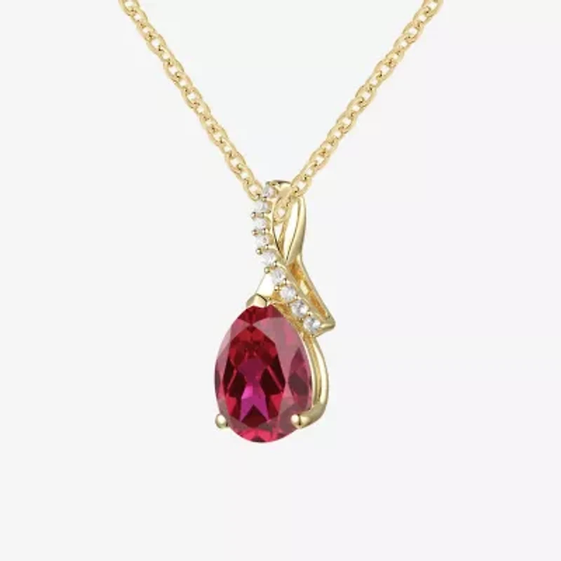 Womens Lab Created Red Ruby 14K Gold Over Silver Pear Inch Pendant Necklace