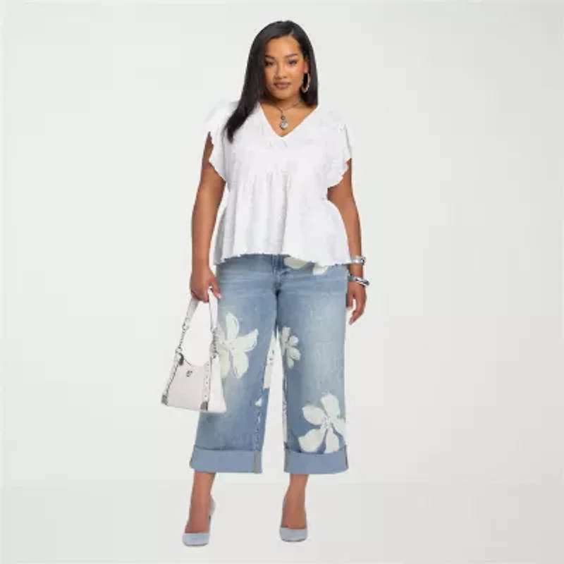 JS Jessica Simpson Womens Plus V Neck Short Sleeve Blouse