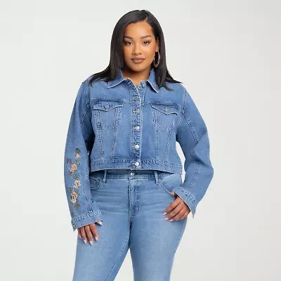 JS Jessica Simpson Womens Plus Denim Embroidered Midweight Jacket