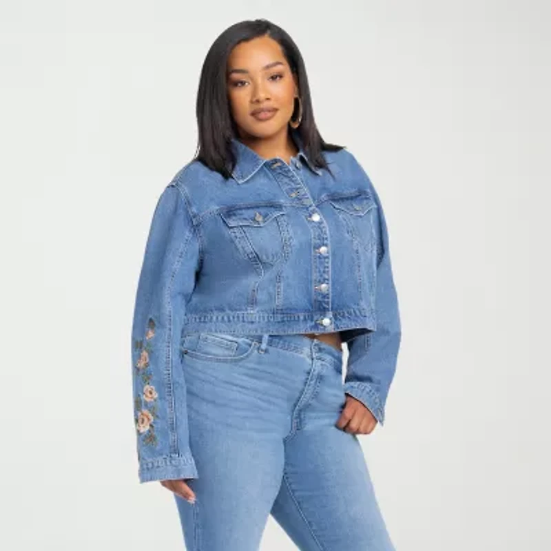 JS Jessica Simpson Womens Plus Denim Embroidered Midweight Jacket