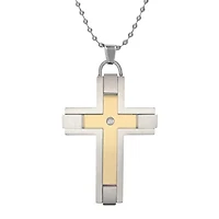 Mens Diamond-Accent Two-Tone Stainless Steel Cross Pendant Necklace