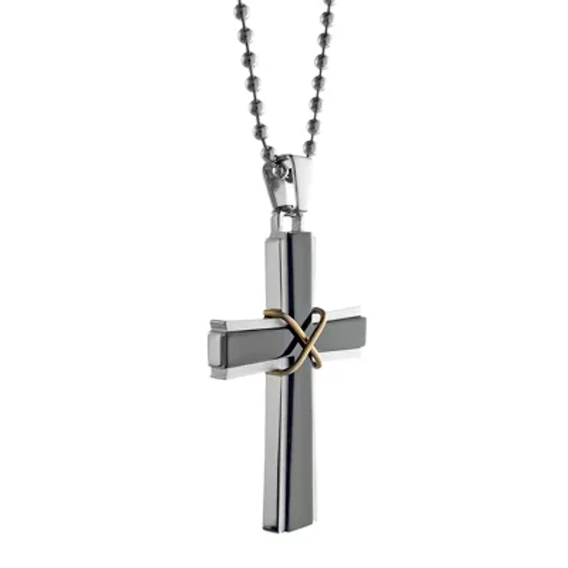 Mens Stainless Steel & Black IP Cross Pendant Necklace
