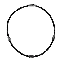 Mens Braided Black Leather Stainless Steel Necklace