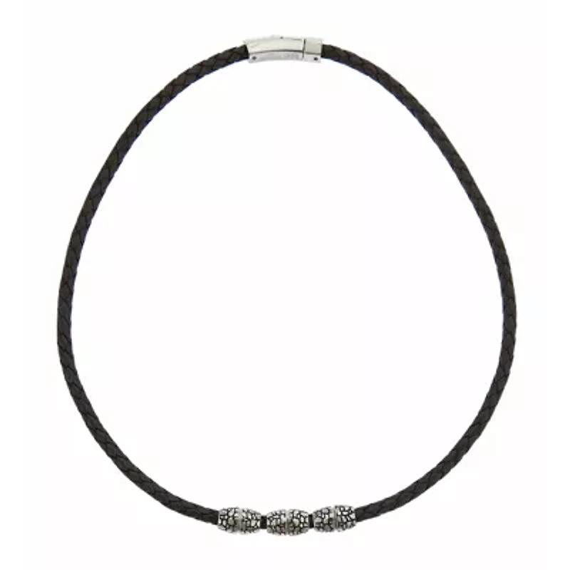 Mens Braided Black Leather Stainless Steel Necklace