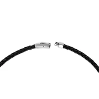 Mens Braided Black Leather Stainless Steel Necklace