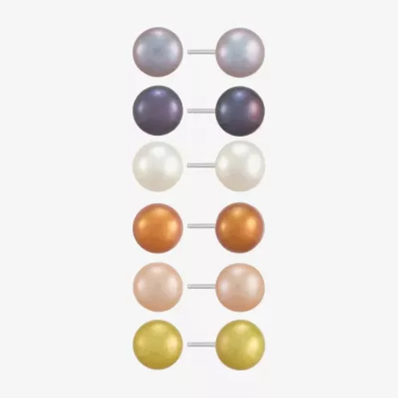 Limited Quantities! Womens Dyed Multi Color Cultured Freshwater Pearl Sterling Silver Round 6 Pair Earring Set