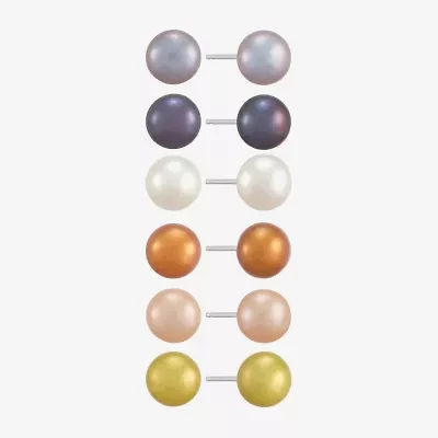 Limited Quantities! Womens Dyed Multi Color Cultured Freshwater Pearl Sterling Silver Round 6 Pair Earring Set