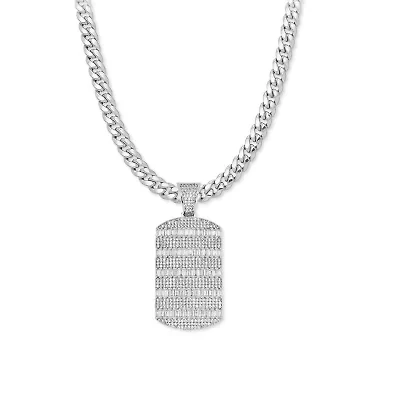Mens Cubic Zirconia Stainless Steel Dog Tag 26 Inch Pendant Necklace