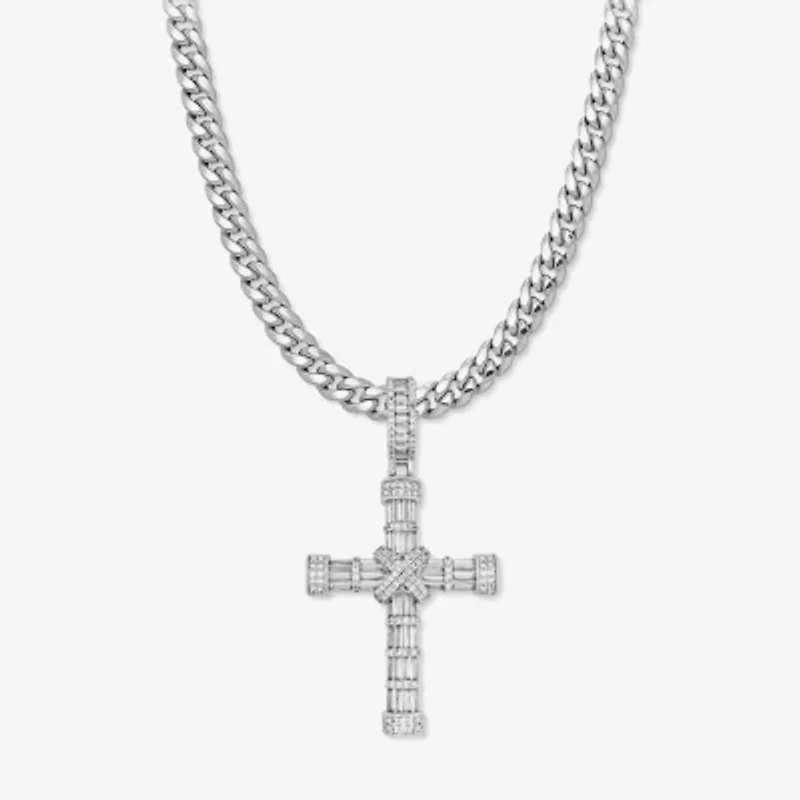 Mens Cubic Zirconia Stainless Steel Cross 26 Inch Pendant Necklace