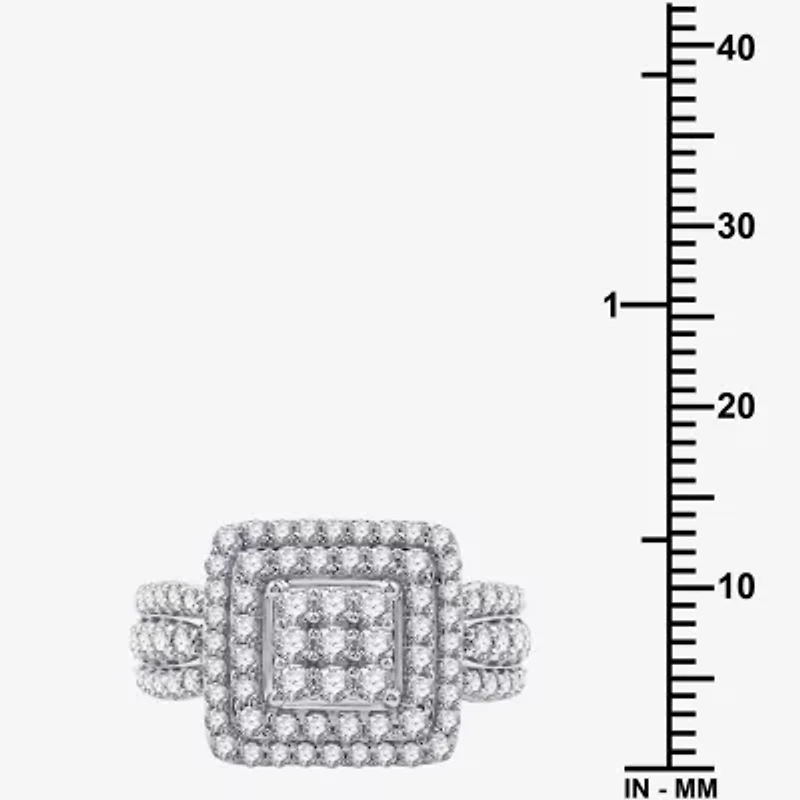 Womens 1 1/2 CT. T.W. Lab Grown White Diamond Sterling Silver Cushion Halo Side Stone Cocktail Ring