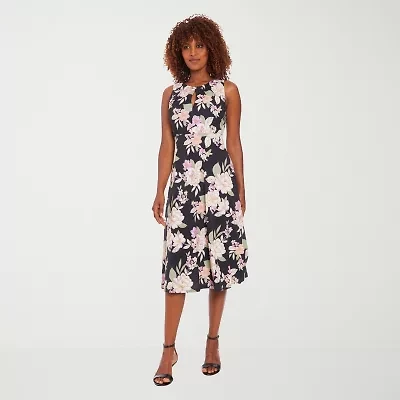 London Times Womens Sleeveless Floral Midi Fit + Flare Dress