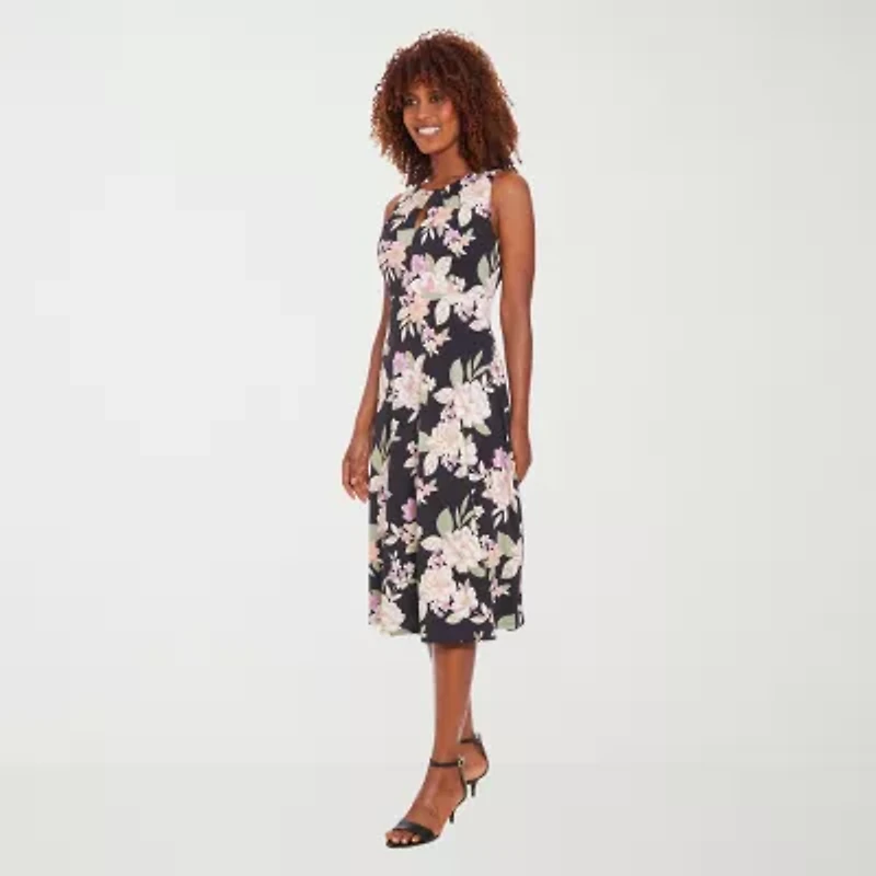 London Times Womens Sleeveless Floral Midi Fit + Flare Dress
