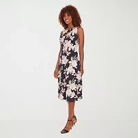 London Times Womens Sleeveless Floral Midi Fit + Flare Dress