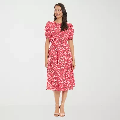 London Times Womens Short Sleeve Confetti Midi Fit + Flare Dress