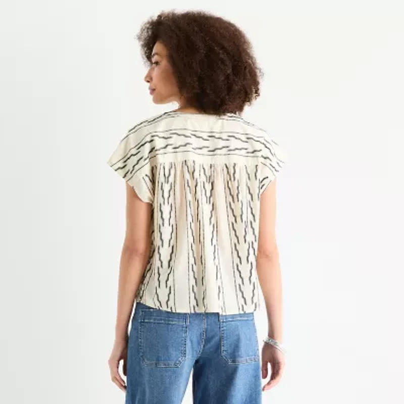 a.n.a Embroidered Womens Short Sleeve Tall Blouse