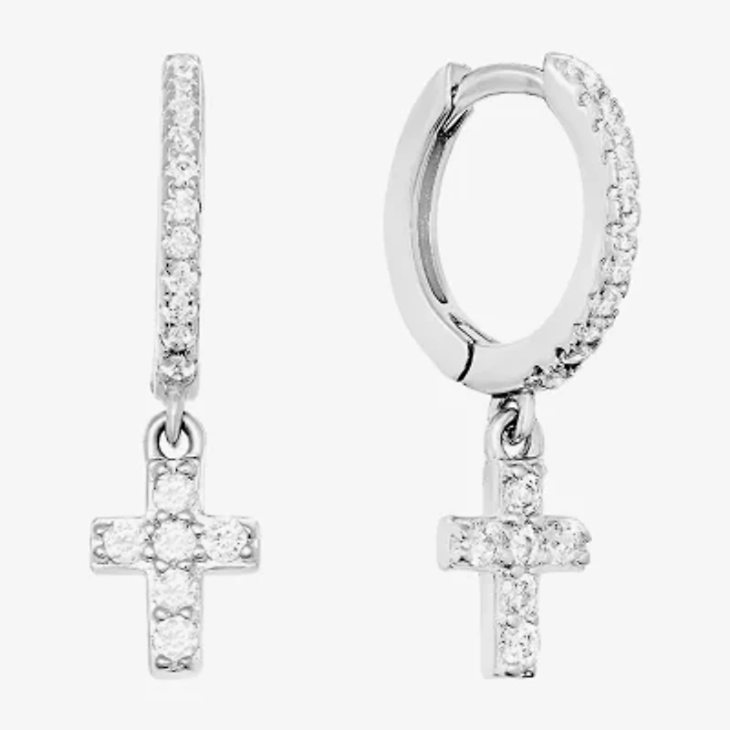 Silver Treasures Womens Cubic Zirconia Sterling Silver Cross Drop Earrings