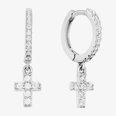 Silver Treasures Womens Cubic Zirconia Sterling Silver Cross Drop Earrings