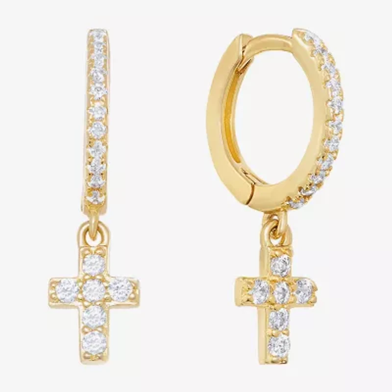 Silver Treasures Womens Cubic Zirconia 14K Gold Over Silver Cross Drop Earrings