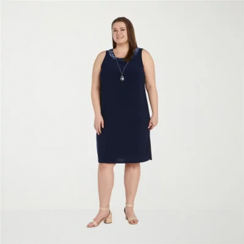 R & M Richards Womens Floral Jacket Dress With Removable Necklace Plus