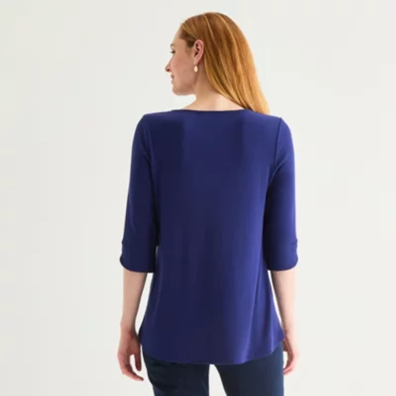 Liz Claiborne Womens Round Neck 3/4 Sleeve Tunic Top