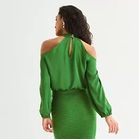 Bold Elements Womens Keyhole Neck Long Sleeve Satin Blouse