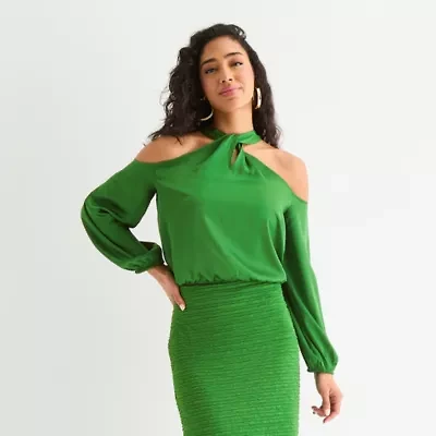 Bold Elements Womens Keyhole Neck Long Sleeve Satin Blouse