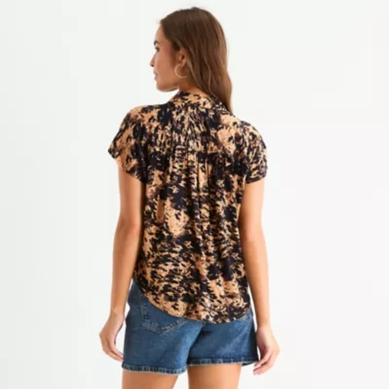 a.n.a Pleated Shoulder Womens Short Sleeve Regular Fit Button-Down Shirt
