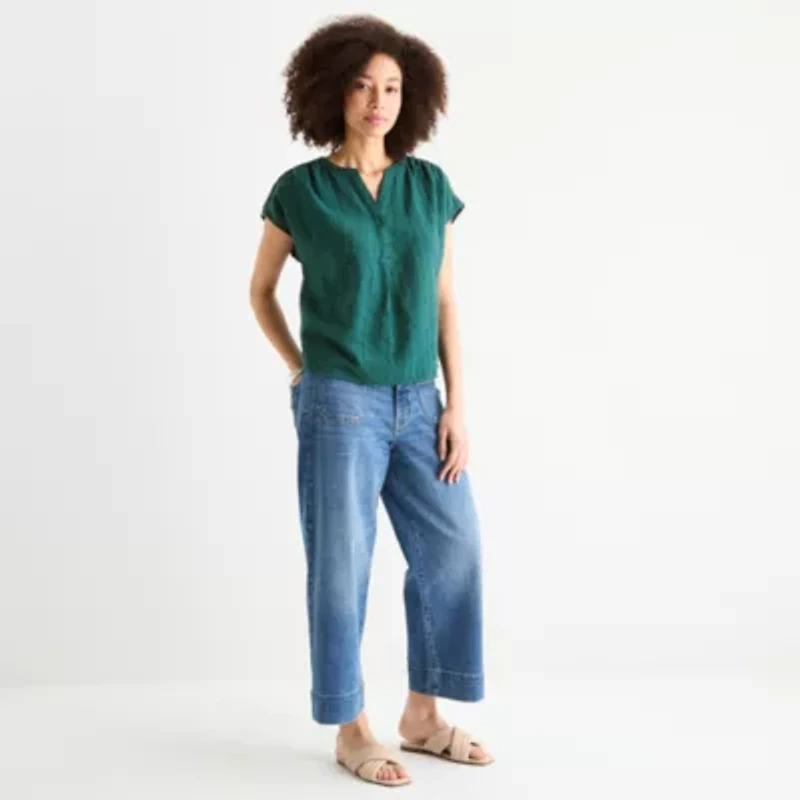 a.n.a Embroidered Womens Split Crew Neck Short Sleeve Blouse