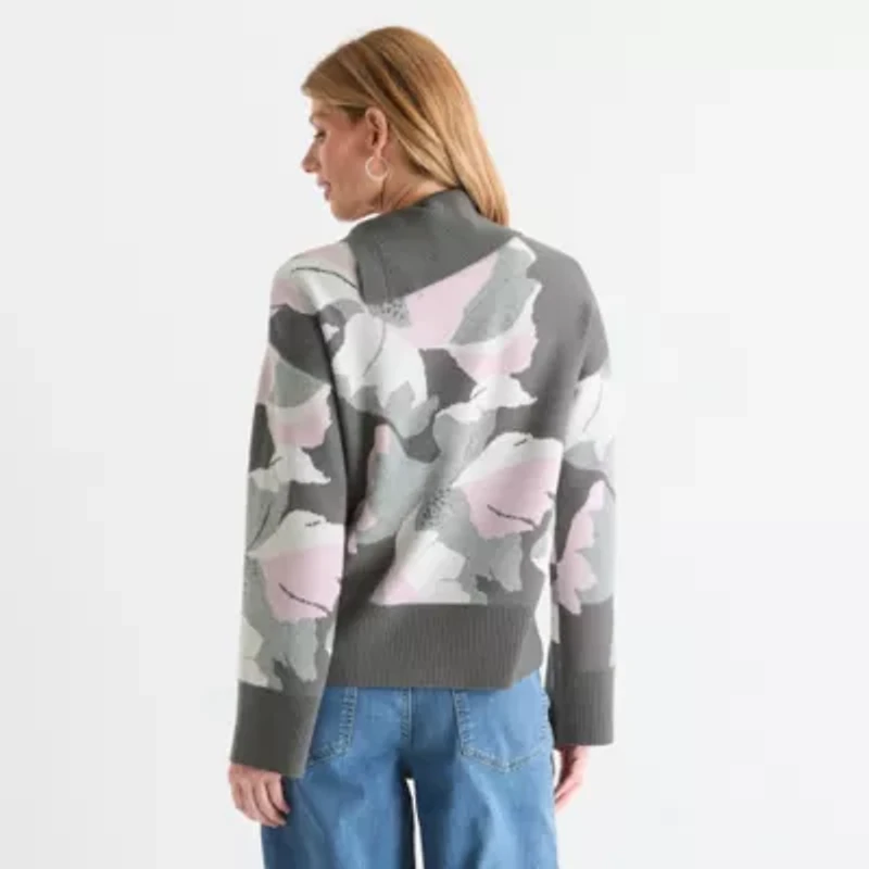 Liz Claiborne Womens Split Crew Neck Long Sleeve Floral Pullover Sweater