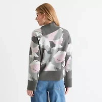 Liz Claiborne Womens Split Crew Neck Long Sleeve Floral Pullover Sweater