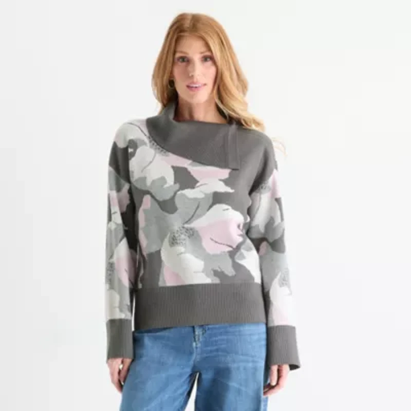 Liz Claiborne Womens Split Crew Neck Long Sleeve Floral Pullover Sweater