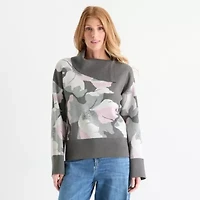 Liz Claiborne Womens Split Crew Neck Long Sleeve Floral Pullover Sweater