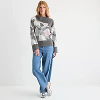 Liz Claiborne Womens Split Crew Neck Long Sleeve Floral Pullover Sweater