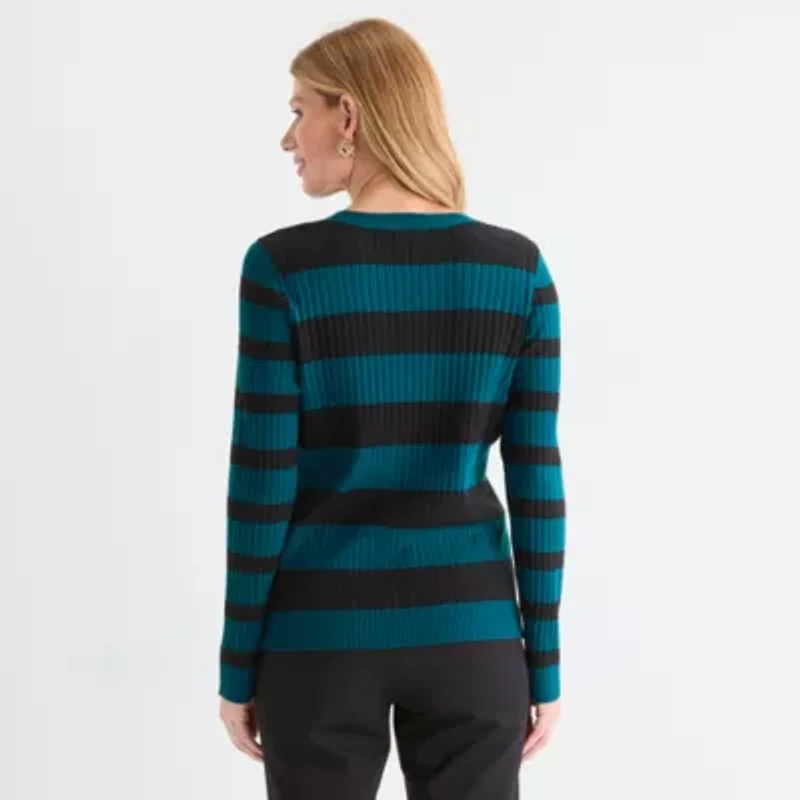 Liz Claiborne Womens Crew Neck Long Sleeve Striped Pullover Sweater