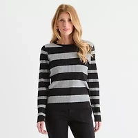 Liz Claiborne Womens Crew Neck Long Sleeve Striped Pullover Sweater