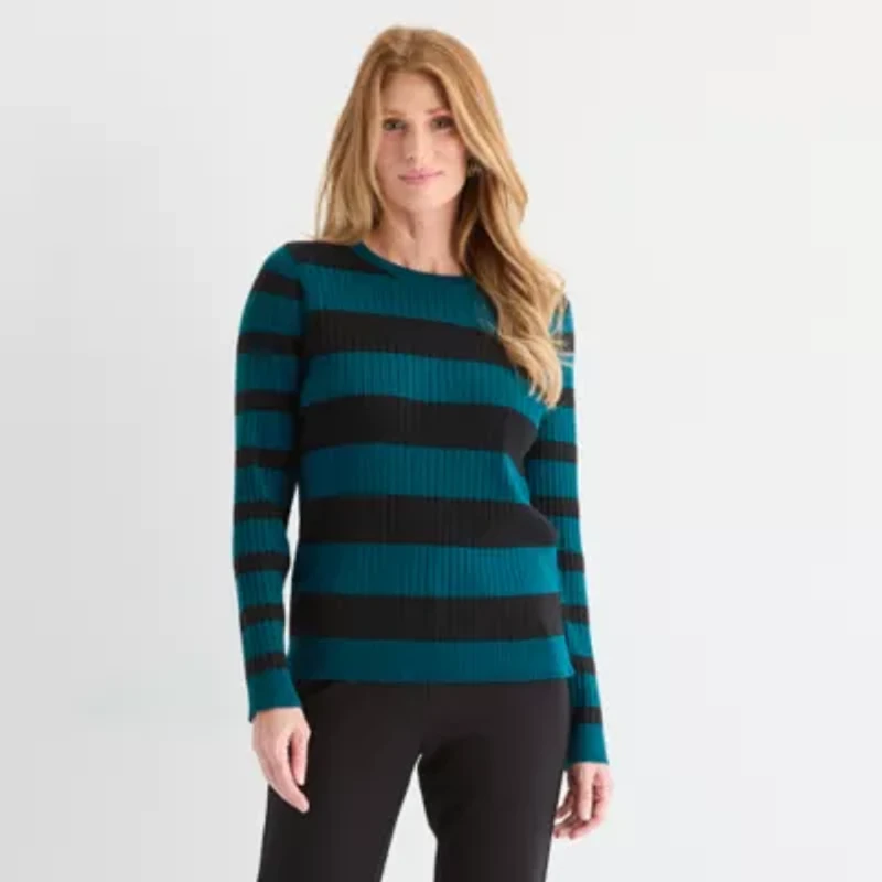 Liz Claiborne Womens Crew Neck Long Sleeve Striped Pullover Sweater