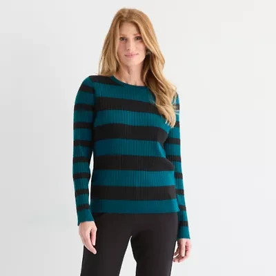 Liz Claiborne Womens Crew Neck Long Sleeve Striped Pullover Sweater