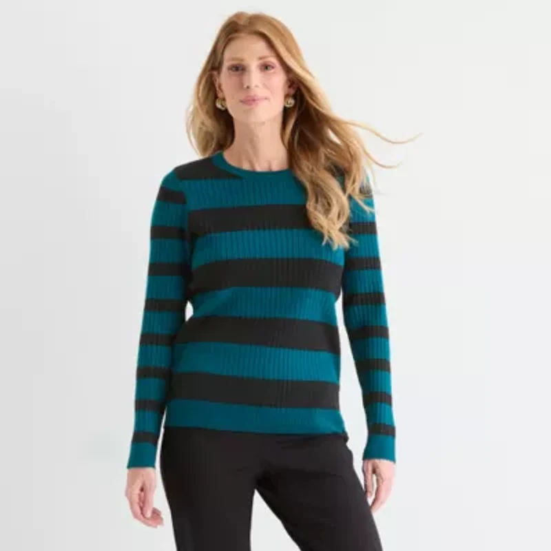 Liz Claiborne Womens Crew Neck Long Sleeve Striped Pullover Sweater