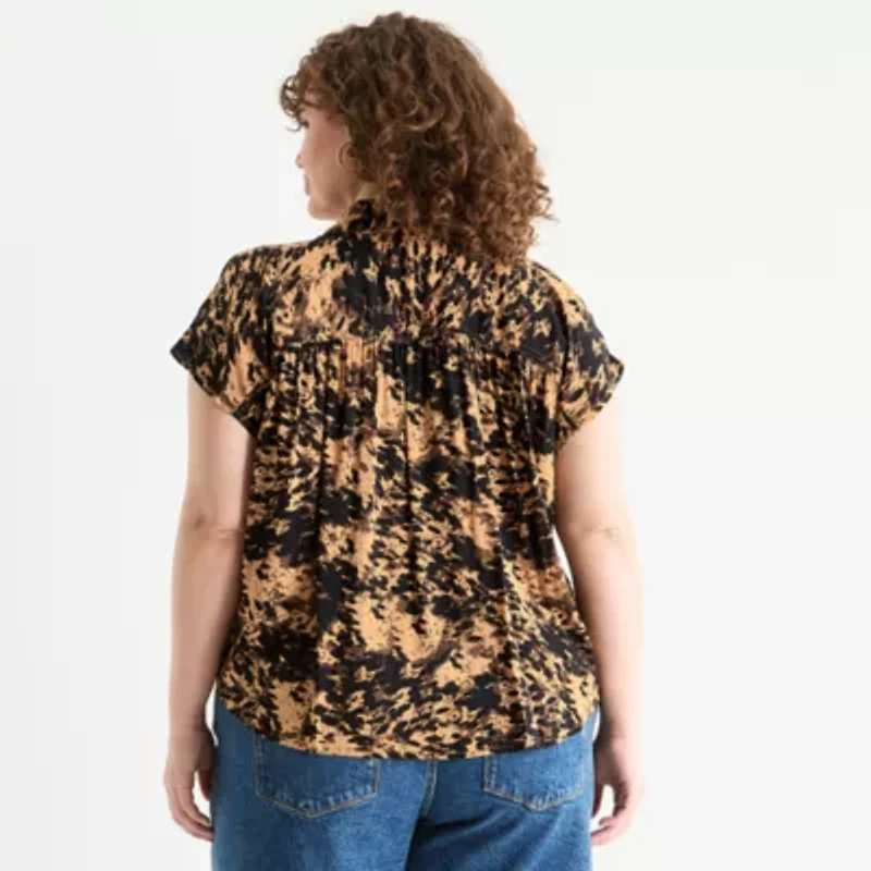 a.n.a Pleated Shoulder Womens Plus Short Sleeve Blouse