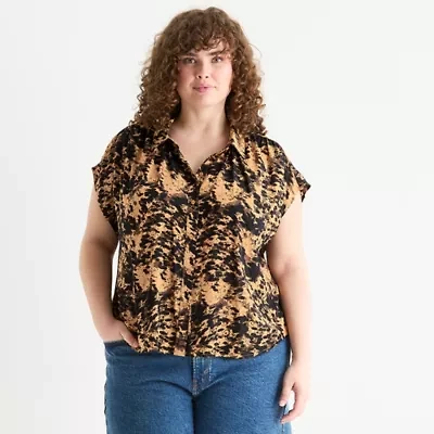 a.n.a Pleated Shoulder Womens Short Sleeve Plus Blouse