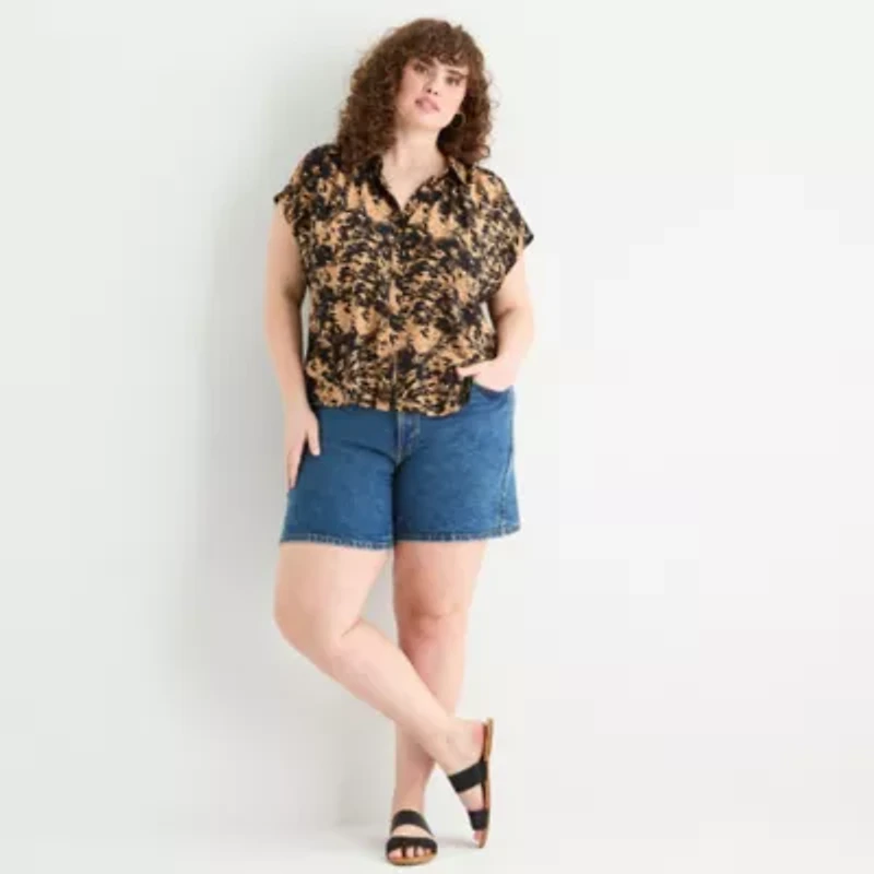 a.n.a Pleated Shoulder Womens Plus Short Sleeve Blouse