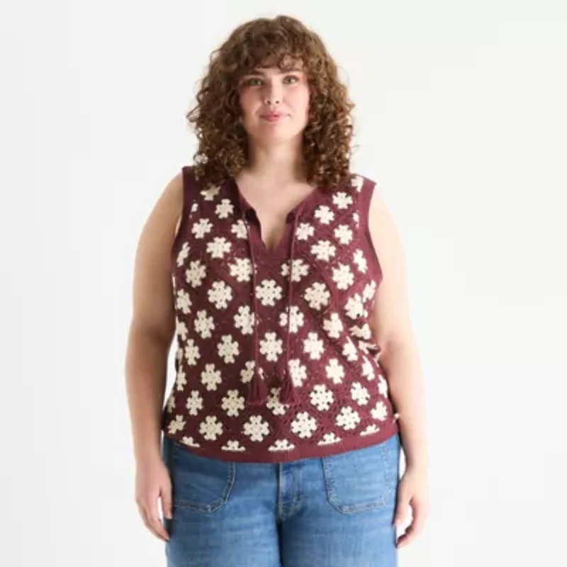 a.n.a Plus Crochet Womens Crew Neck Sleeveless Pullover Sweater