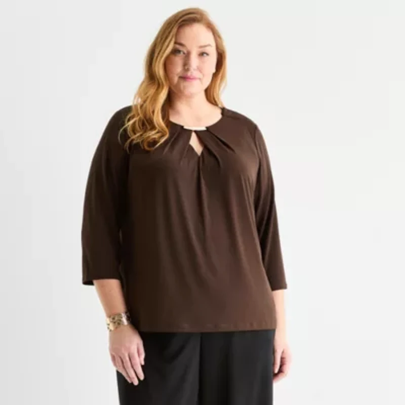 Liz Claiborne Womens Easy-on + Easy-off 3/4 Sleeve Adaptive Plus Blouse