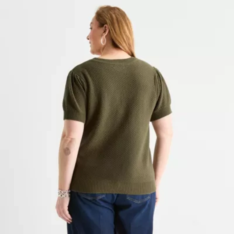 Liz Claiborne Plus Womens Crew Neck Short Sleeve Pullover Sweater