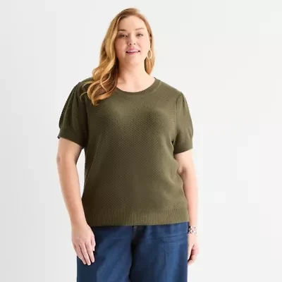 Liz Claiborne Plus Womens Crew Neck Short Sleeve Pullover Sweater