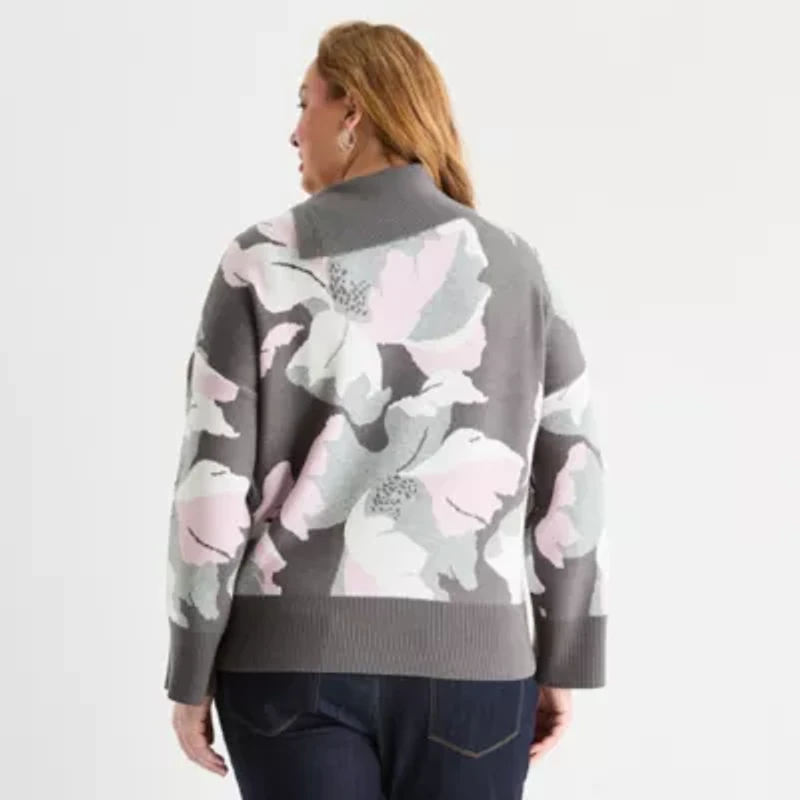 Liz Claiborne Plus Womens Split Crew Neck Long Sleeve Floral Pullover Sweater